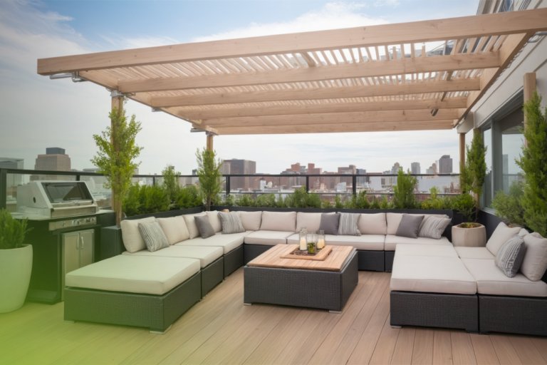 Composite decking on a rooftop terrace with outdoor seating and a timber pergola
